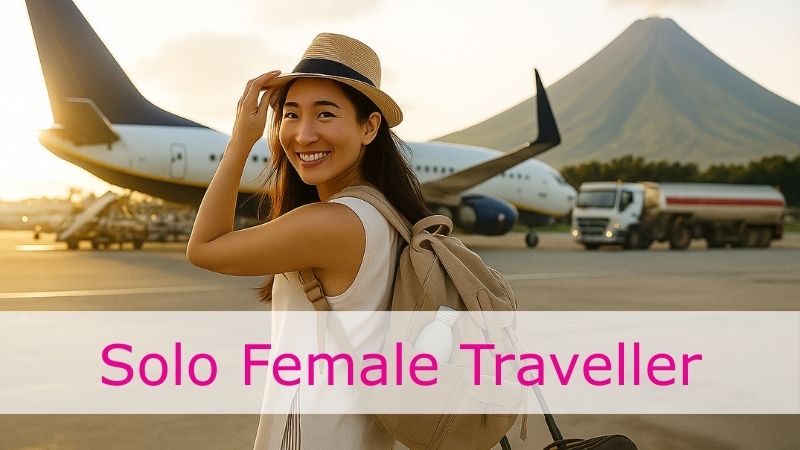 Woman with luggage walking on airport runway with plane and volcano in the background