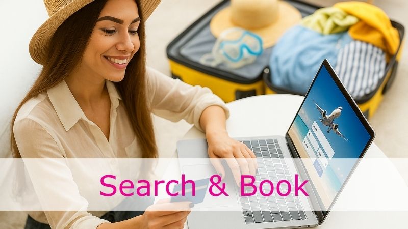 Woman booking flights on laptop with bank card on one hand