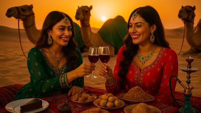 2 women having a meal at sunset in the Dubai desert